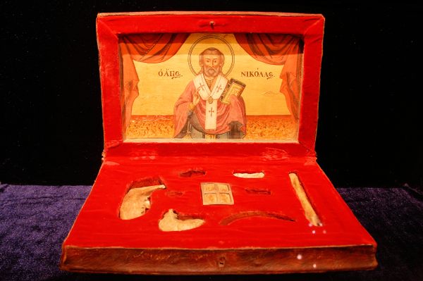 Relics of St. Nicholas in a small box displayed at Antalya Regional Museum, Konyaaltı, Turkey.