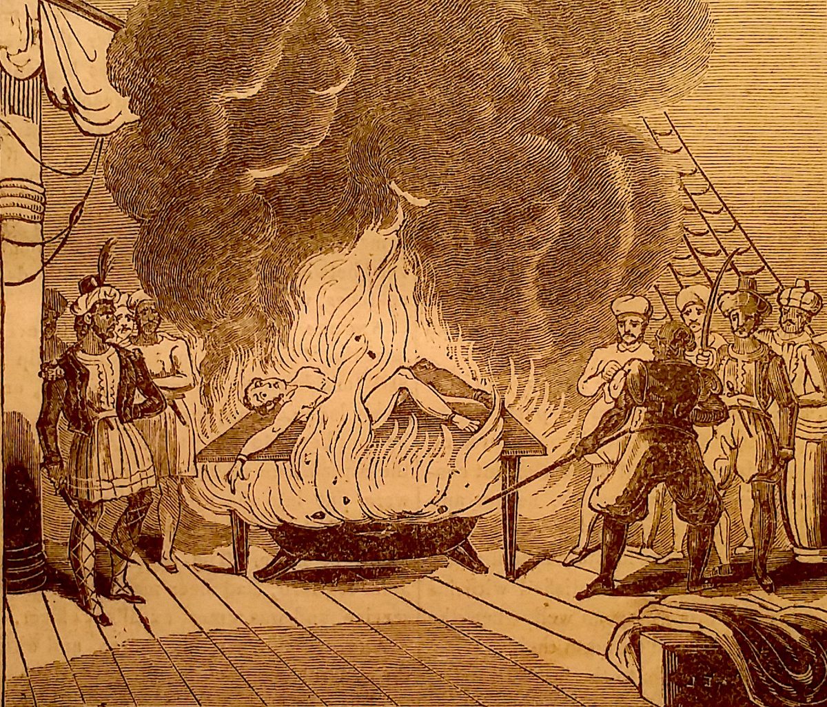 The penny fiction <em>History of the Pirates, Smuggler, &c of All Nations</em> compiled a series of "true" entries about pirates. In this tale, a pirate crew burns a British captain alive.