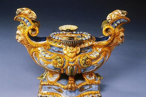 A boat-shaped salt cellar, replete with sea monsters and dolphins, forged roughly between 1575 and 1600.