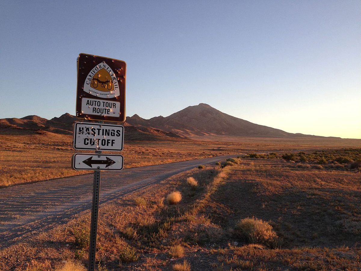 A sign marking the Hastings Cutoff along Leppy Pass Road, near Pilot Peak, Nevada.