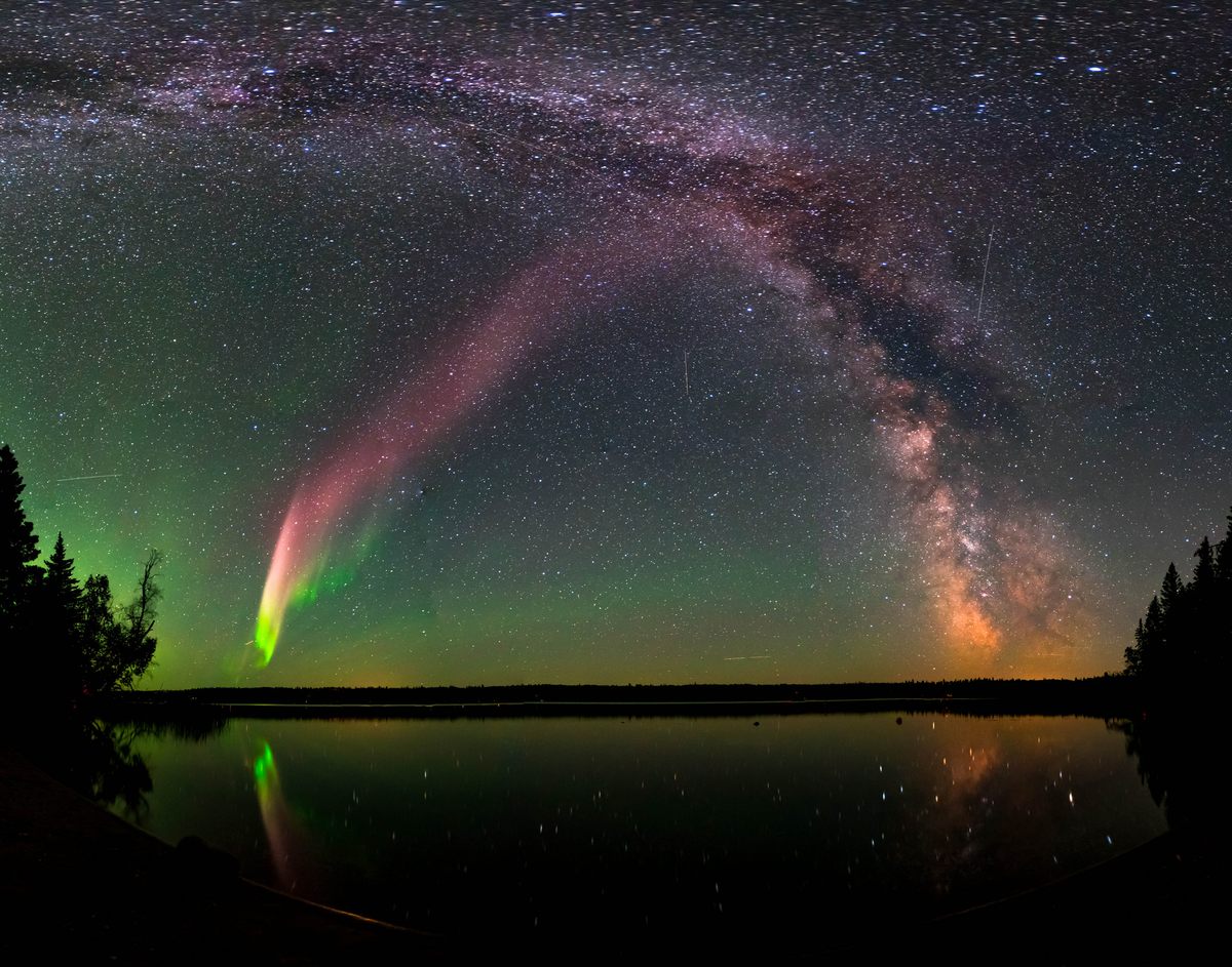 Hi, Steve! This picture of the curious light was stitched together from 11 composites taken at Childs Lake in Manitoba, Canada.