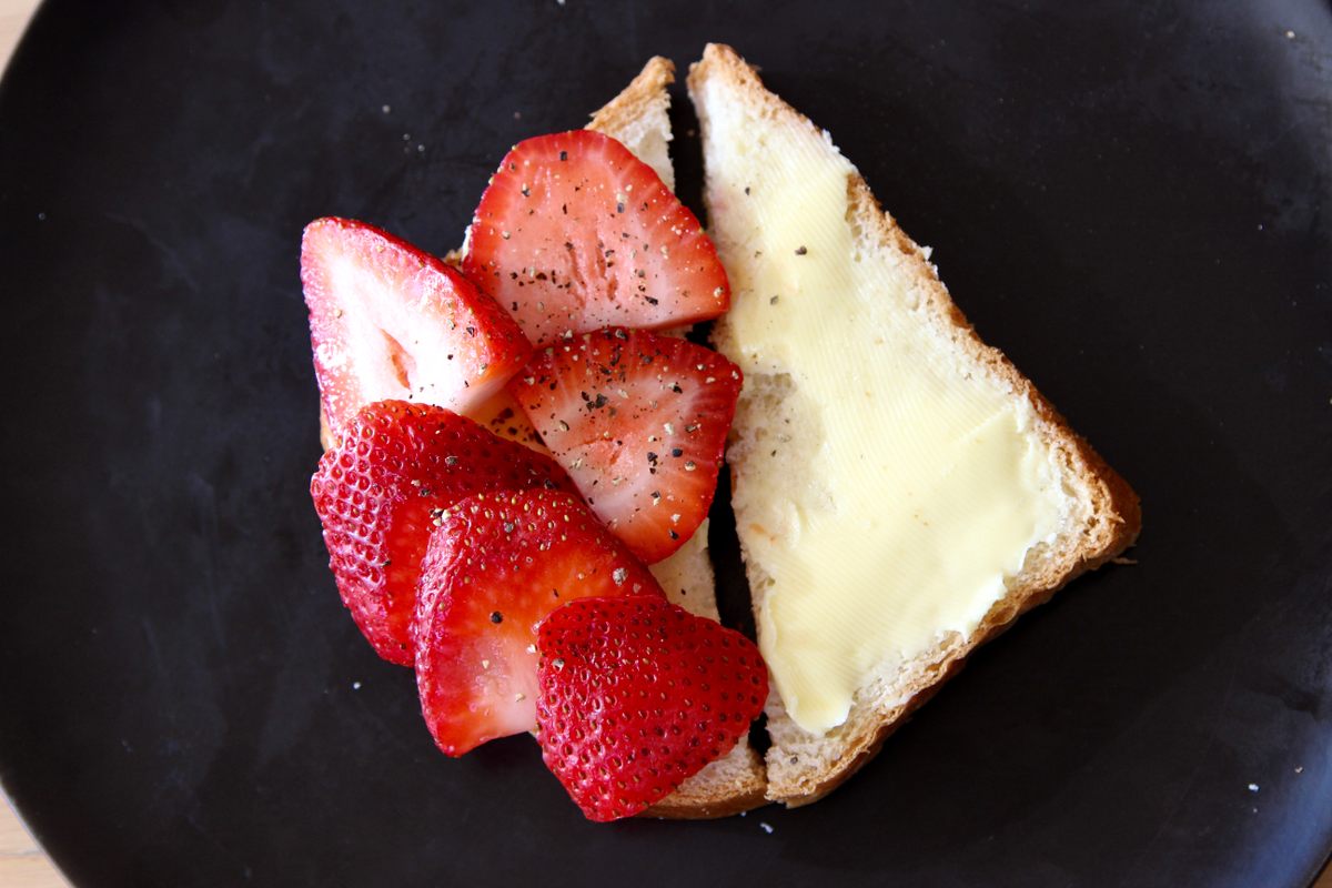 A strawberry sandwich. The original version uses powdered sugar, but Barry adds black pepper for savory spin. 