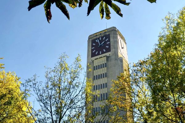 This clock originally served as a water tower for a sewing machine factory.