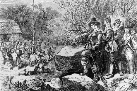 Myles Standish and his fellow Puritans crashing the festivities at Merrymount.