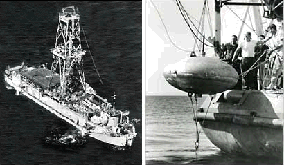 Left, the UCSS 1 off Guadalupe Island, Mexico, and right, One of the six submerged buoys used for dynamic positioning in Project Mohole