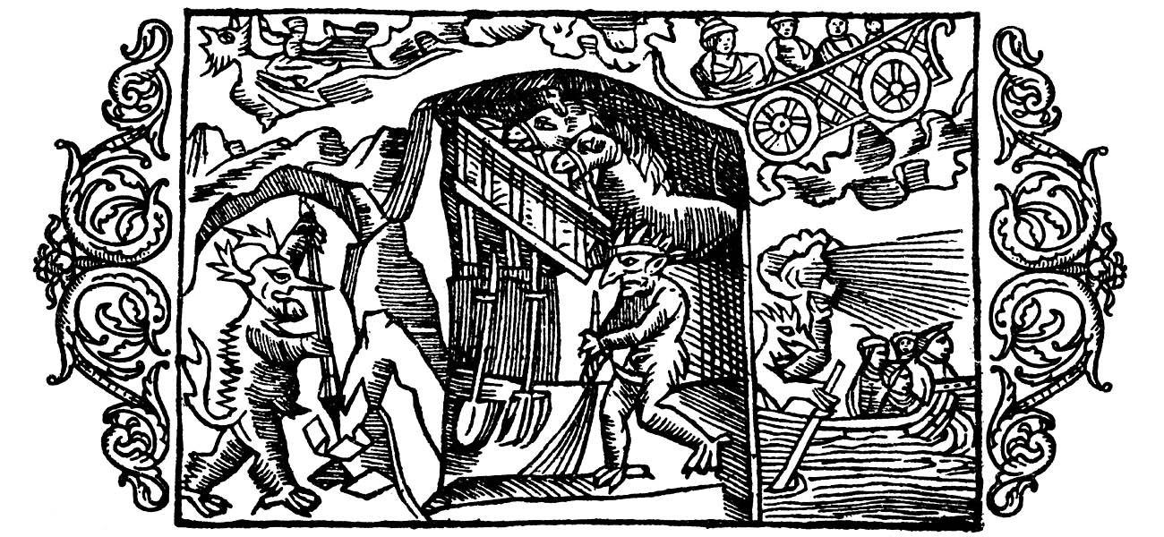 Olaus Magnus's 1555 "A Description of the Northern Peoples" includes an early depiction of a farmhouse spirit. He stands in the center, sweeping the barn.
