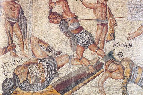 Gladiators fight in this mosaic from the Villa Borghese.