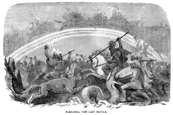 This 1882 engraving of Ragnarok, the Viking doomsday, shows Odin mounted on a horse and fighting the wolf Fenrir.