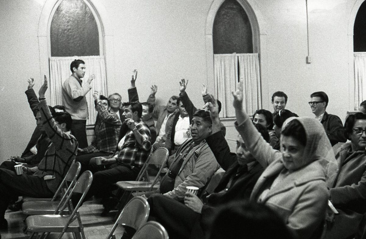Farmworker protest movements started in California in 1965, and expanded from there. Here, a workers' union meets in Toppenish, Washington.