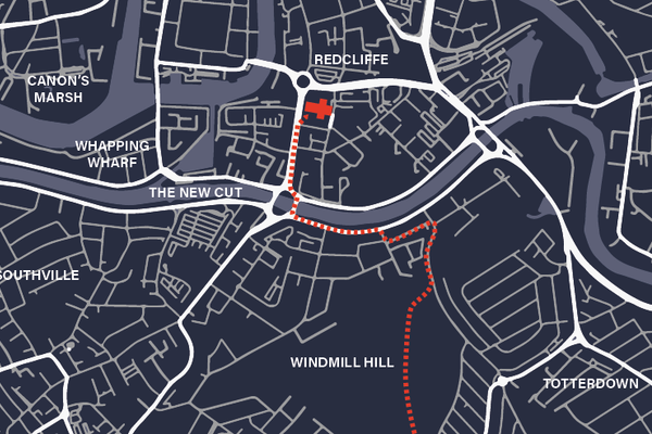 The annual pipe walk (shown in red) moves north from the ancient well, through neighborhoods and Victoria Park, before veering west to follow a 19th-century diversion.