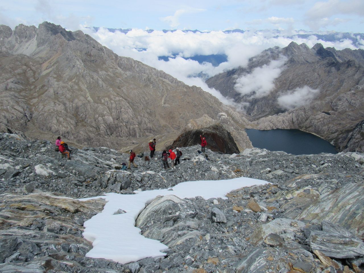 The Last Venezuelan Glacier team examines the recently exposed areas just below the Humboldt's glacier edge in 2019, more than 15,000 feet of elevation. 