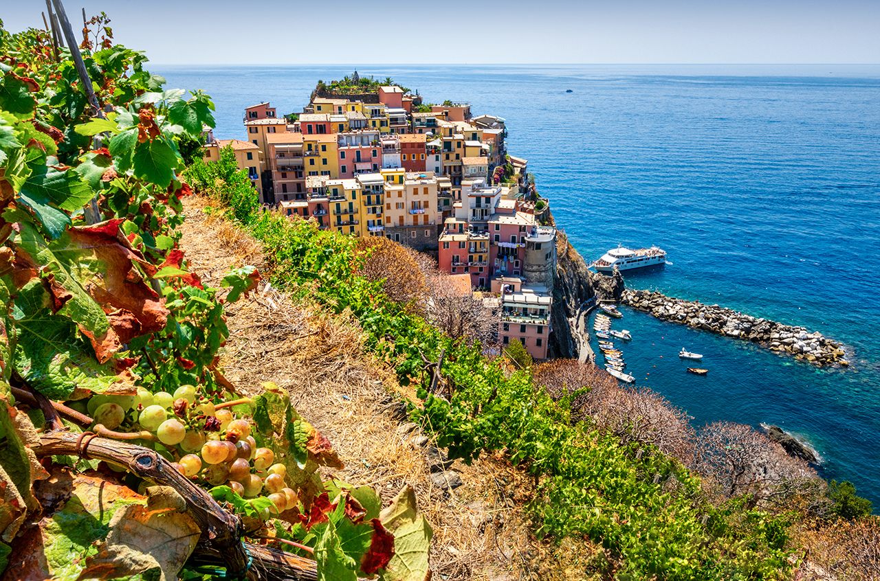 Overlooking the Ligurian Sea in northwestern Italy, the village of Manarola is flanked by terraced vineyards.