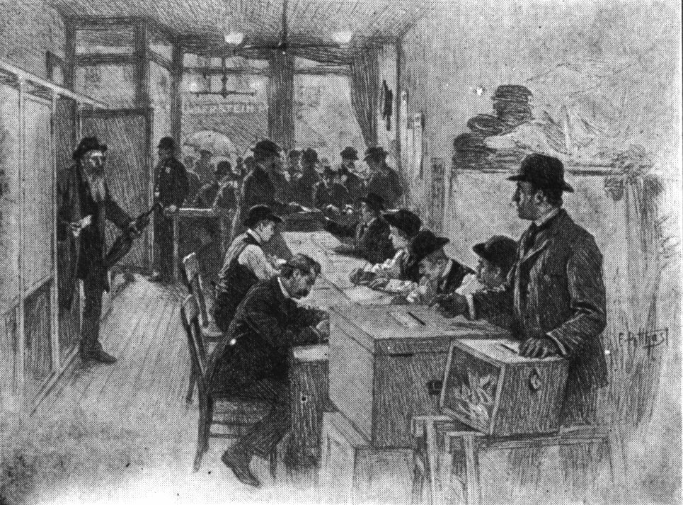A turn-of-the-century polling place in New York.