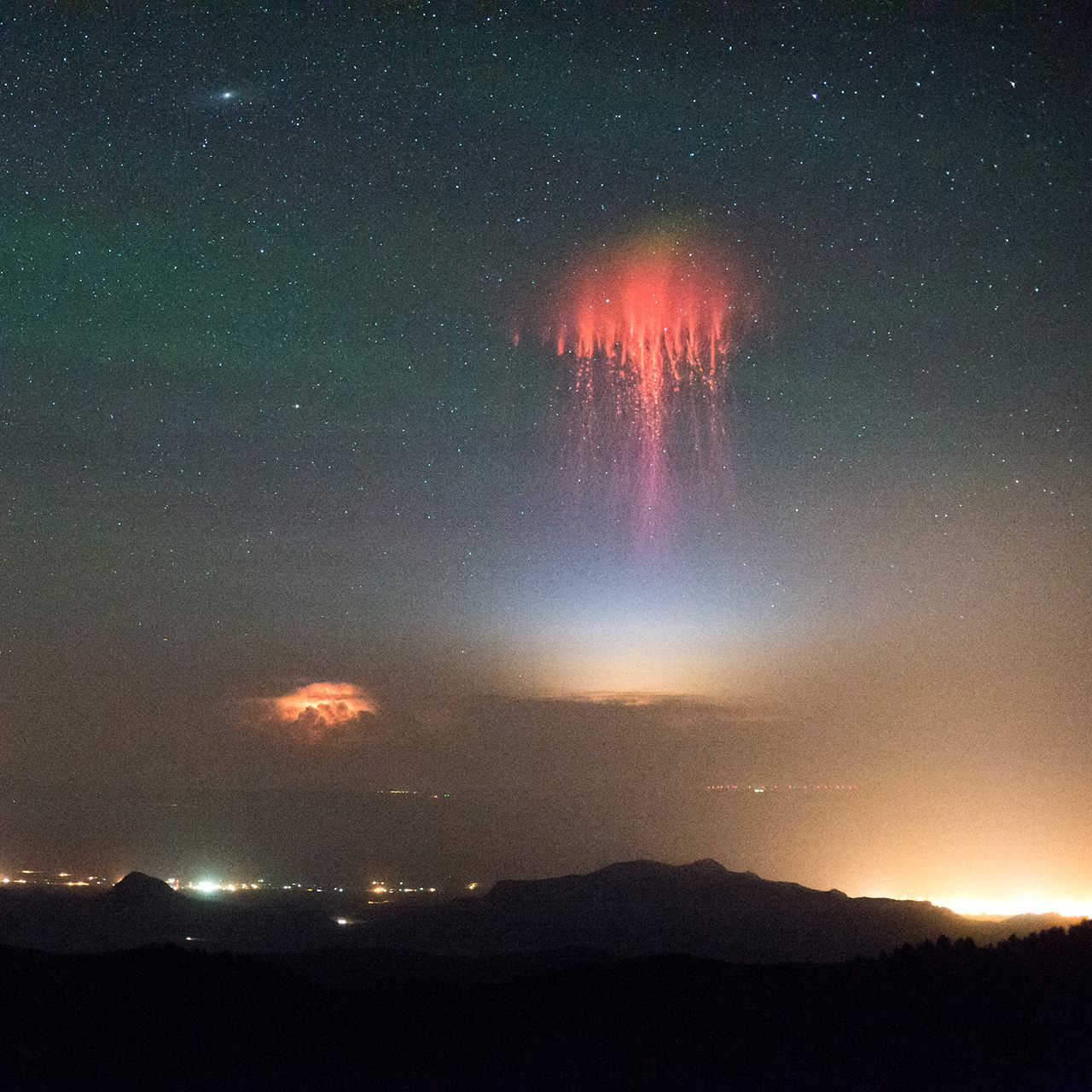 Transient luminous events such as sprites occur high above thunderstorms, and can be observed well from Langmuir. 