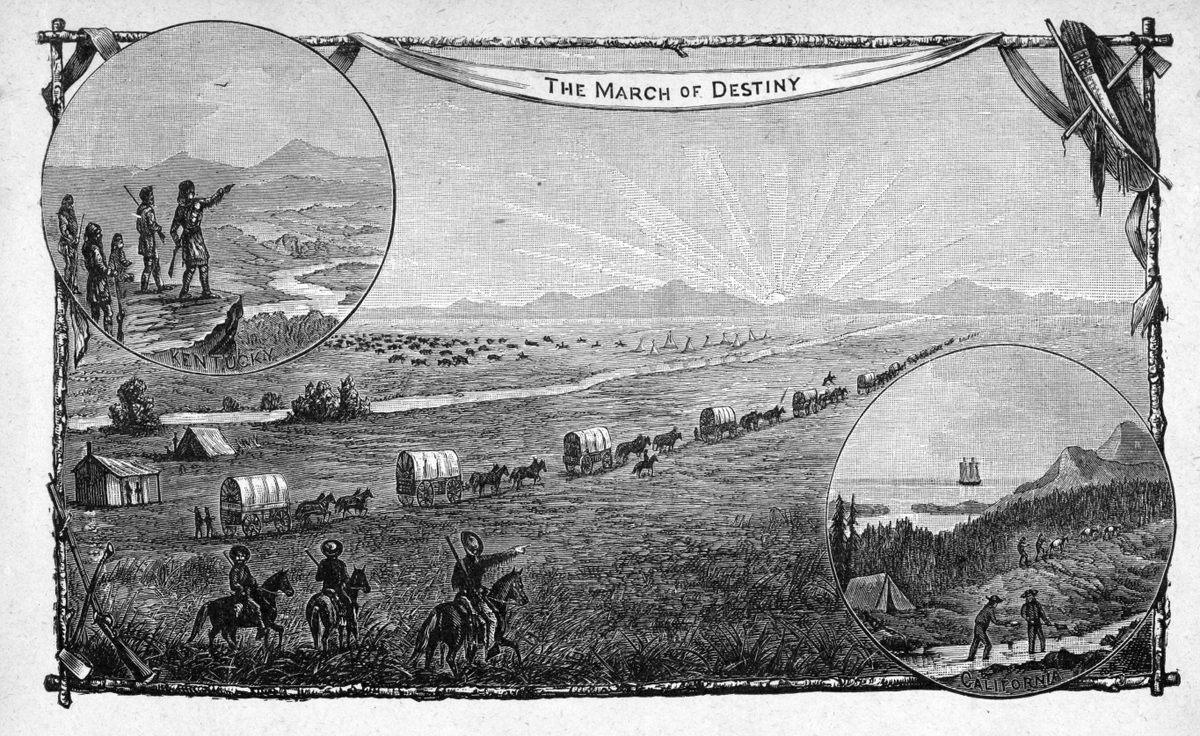 A depiction of a wagon train traveling from Kentucky to California, circa 1850.