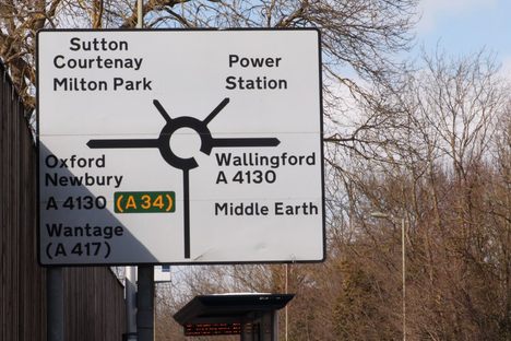 An altered sign in Didcot, England, directs drivers to Middle Earth.