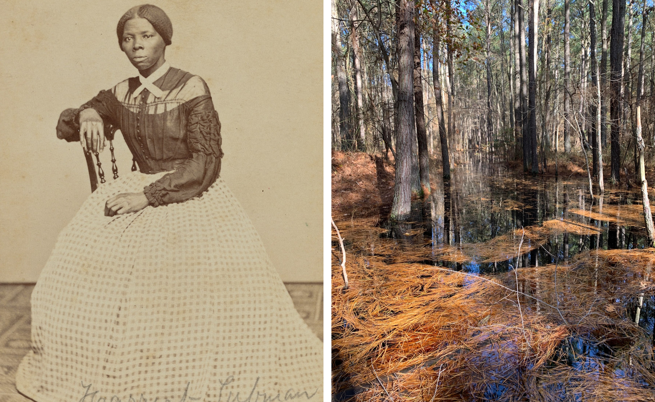 Tubman, photographed here in the late 1860s (left), knew the land well, and used that knowledge to help guide dozens of people out of slavery through the Eastern Shore (right). 