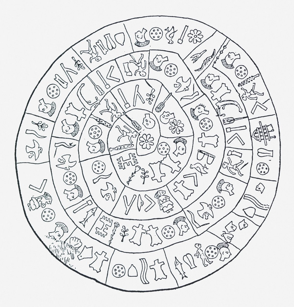 The Phaistos Disc features 242 symbols stamped into the clay before firing.