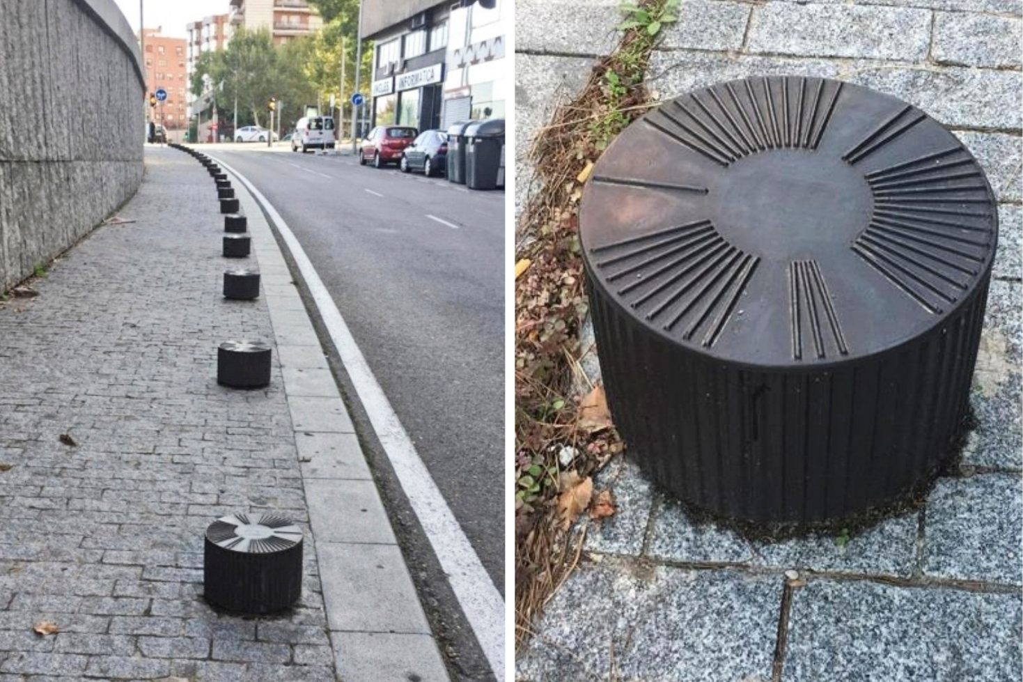 A row of Víctor Muñoz Sanz's security bollards, near Madrid's Segovia Bridge.