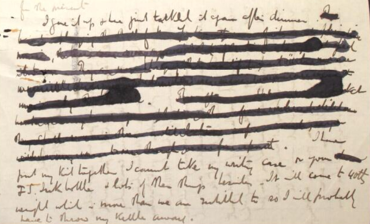 A heavily redacted section of an 1899 letter from veterinary surgeon Frederick Smith to his wife Mary Anne.