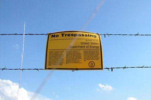 Warning sign on the perimeter fence of the Pantex property.