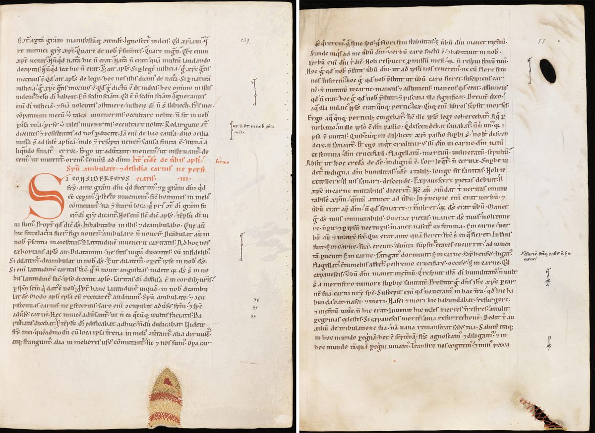 Different types of stitched repairs to a manuscript from the Engelberg Abbey library, and one unrepaired hole.