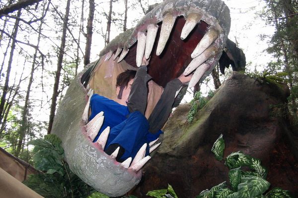 A Union soldier in the jaws of a dinosaur.