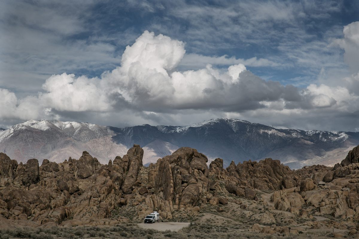 Thunderstorms build over the Owens Valley in the Alabama Hills, two hours north of Los Angeles. Boondocking, or freestyle RV camping, is a popular pastime there.