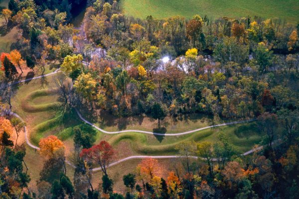 An aerial view of Serpent Mound in the fall.