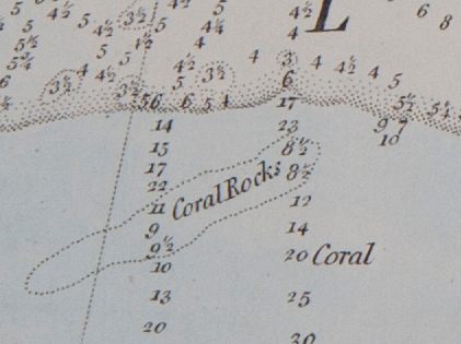 A detail of Gauld's 1774 map, demonstrating his precise coral recording.