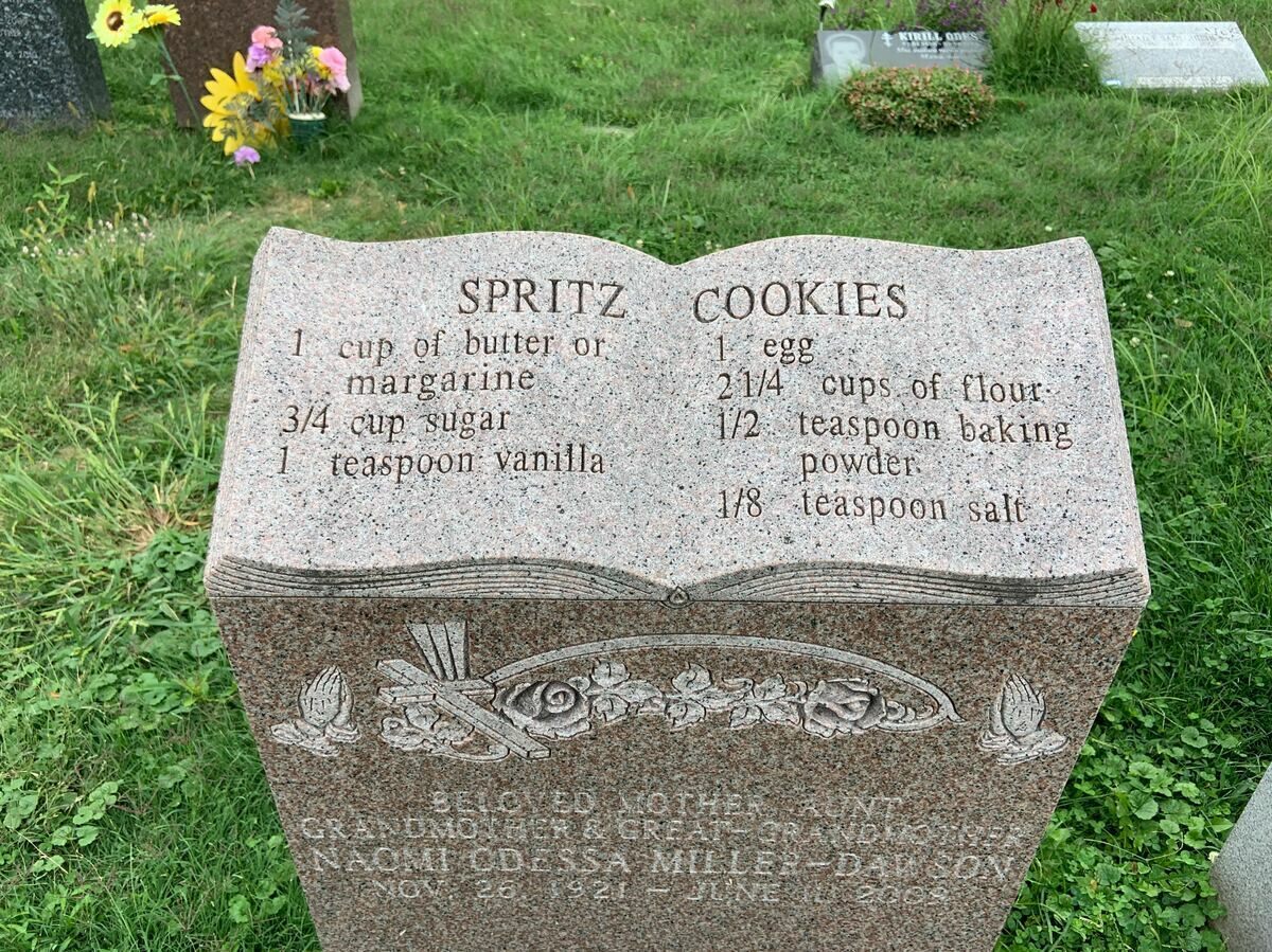 A gravestone with a recipe for spritz cookies