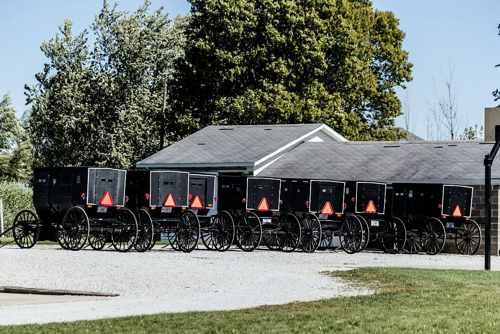 A row of Amish buggies in Elkhart County, Indiana.