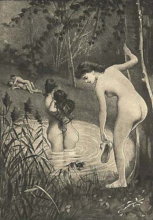 One of Édouard-Henri Avril's illustration, depicting "The Bathing Party".