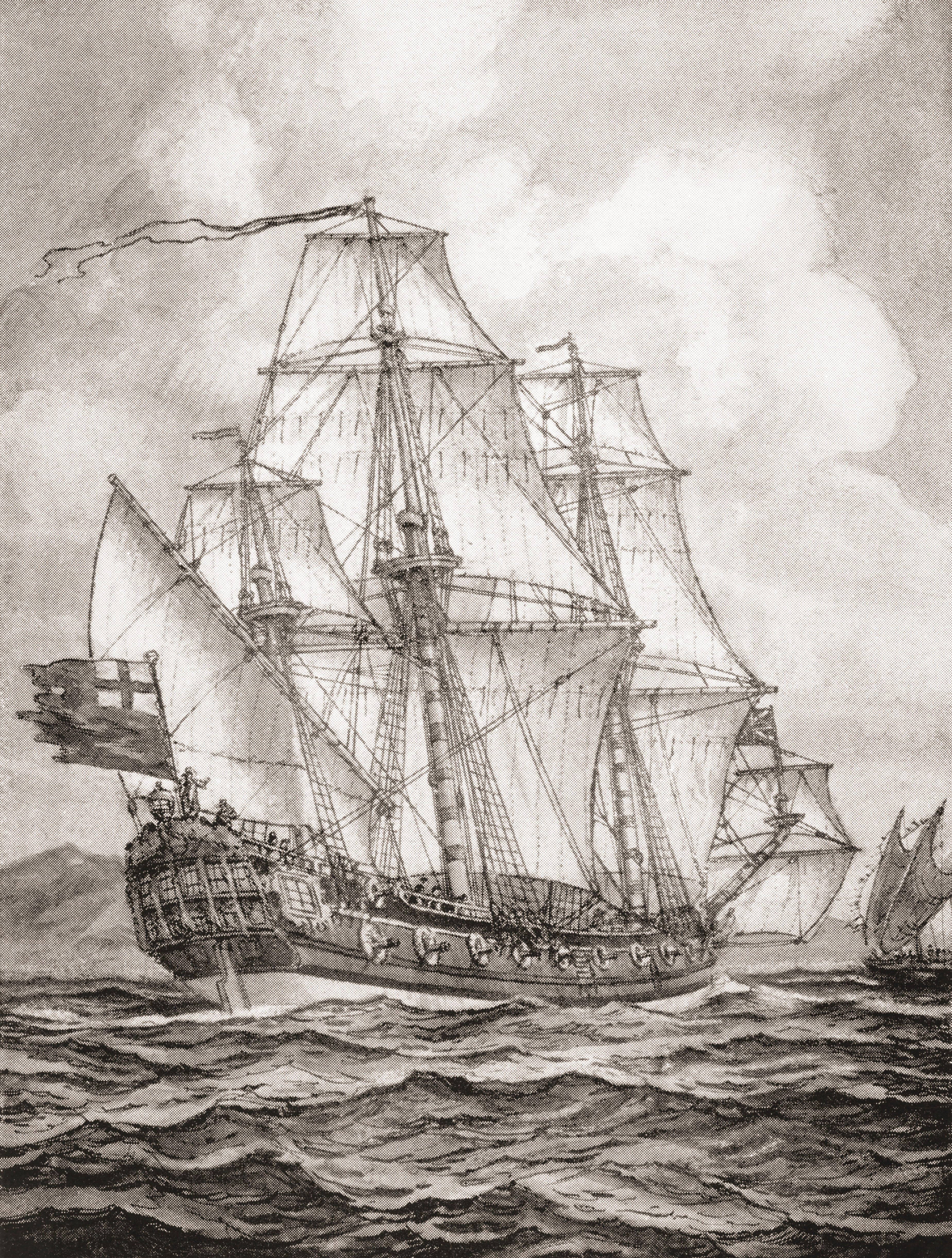 William Dampier aboard the <em>HMS Roebuck</em> surveys the New Guinea coast.