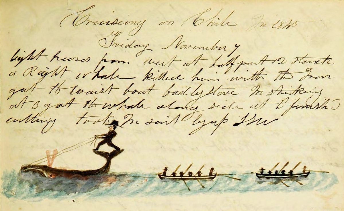 The “Nantucket Sleigh Ride” pictured in the log of the ship <em>Susan</em>, kept by Reuben Russell.