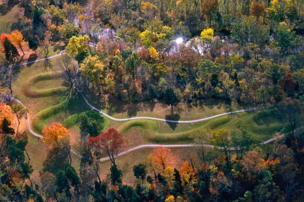 An aerial view of Serpent Mound in the fall.