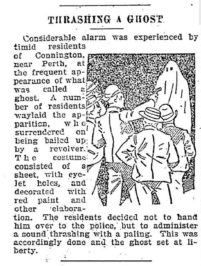 An article from the <em>Australian Sunday Times</em>, dated November 27, 1898, about a ghost hoaxer who "surrendered on being bailed up by a revolver."