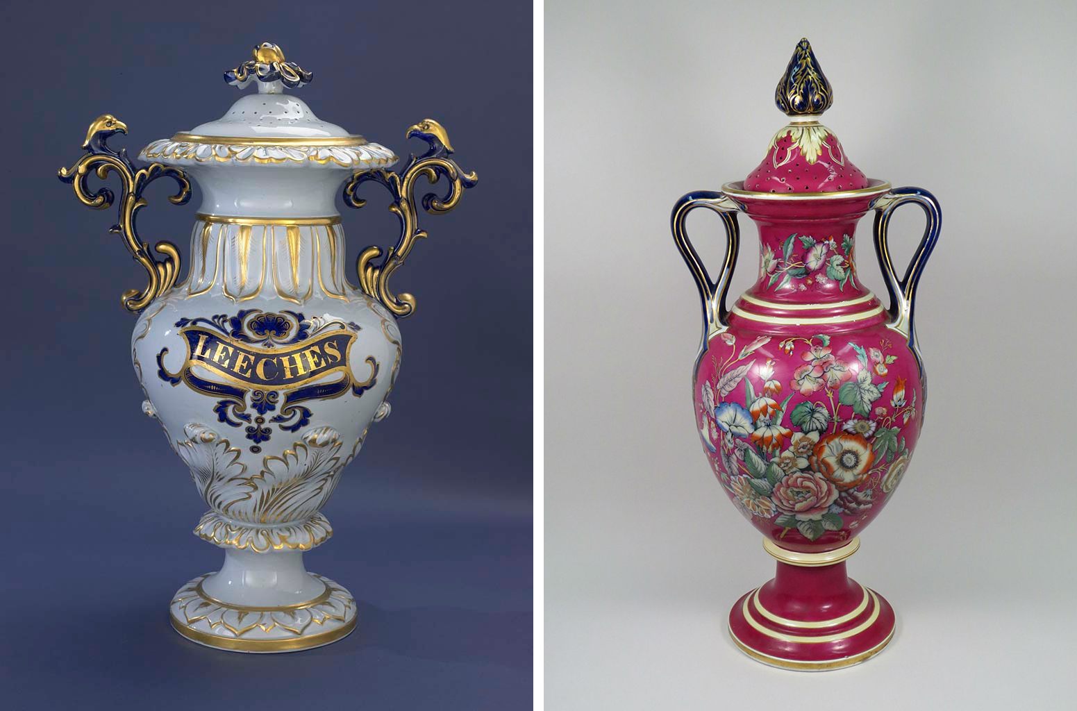 Two gaudy leech jars in the Smithsonian collection.