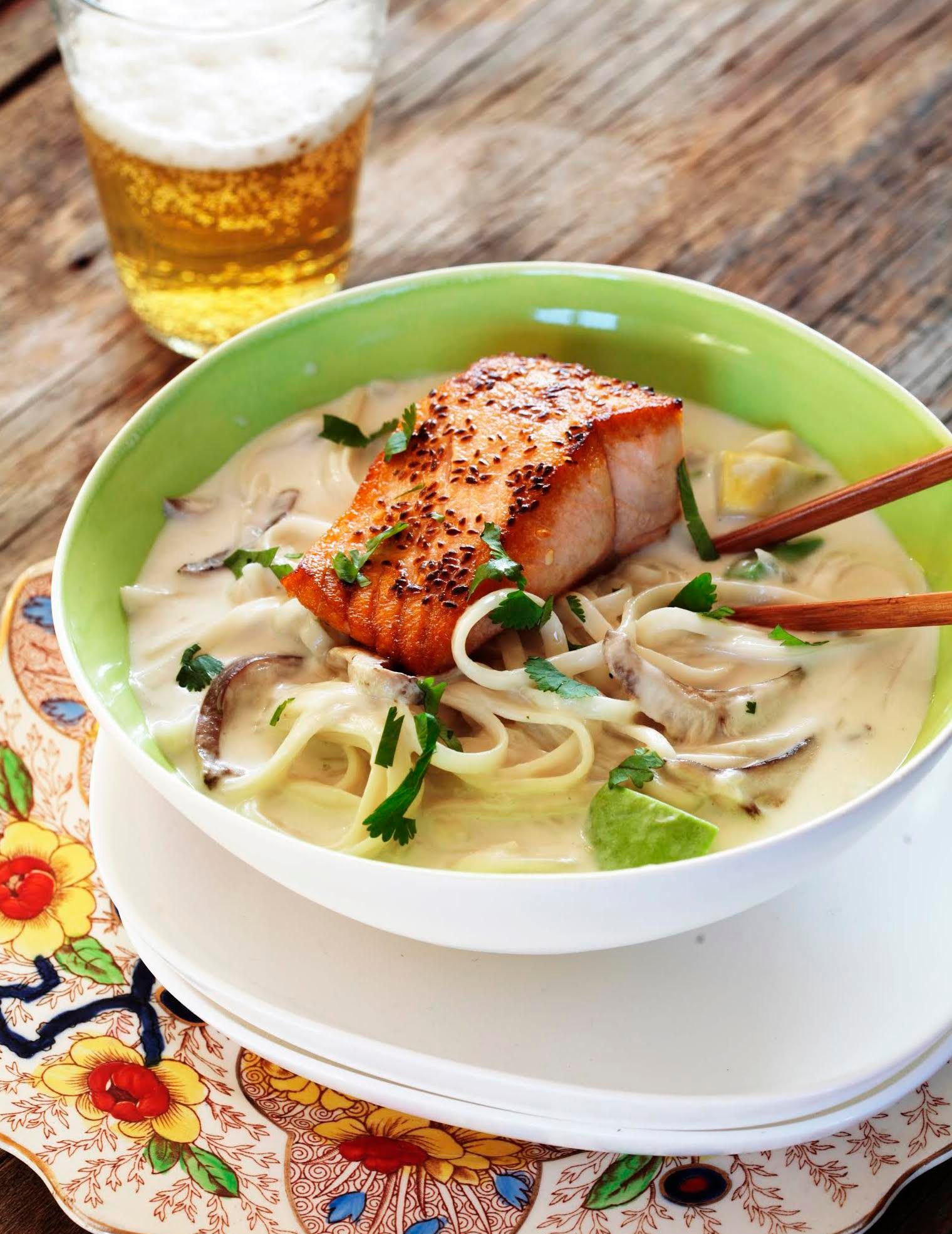 Can't fool me, artfully sprinkled green stuff atop salmon atop soup. (Photo: [TK]/Lisa Homa)