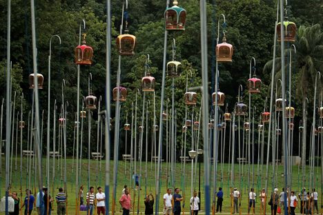 Zebra doves and their owners await the start of competition at Singapore's Kebun Baru Birdsinging Club in 2019.