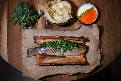 Sevan trout, baked in bark from a birch tree at Tsaghkunk restaurant.