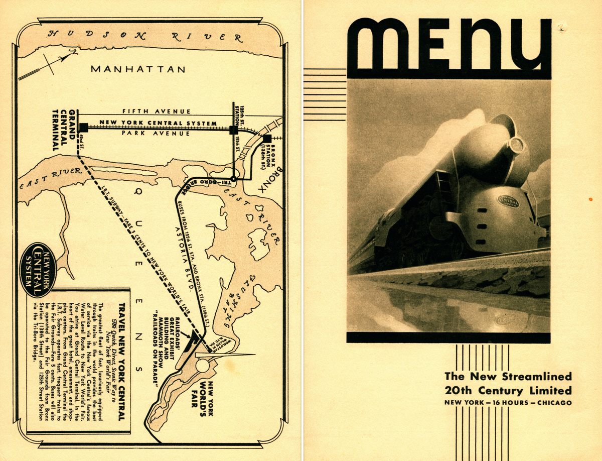 A glamorous New York Central Railroad Company menu for the New Streamlined 20th Century Limited in 1939.