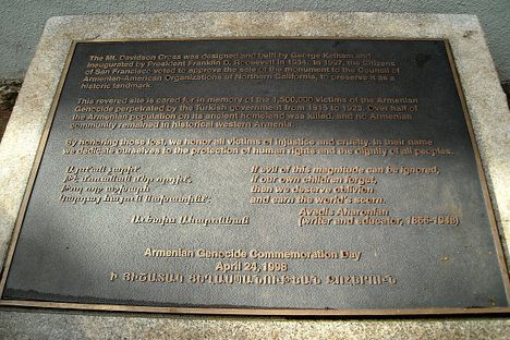 Plaque dedicating the cross to the victims of the Armenian Genocide