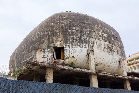 The Egg seen from the northeast corner, showing the peculiar round shape of the theater.