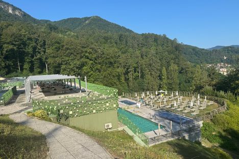 View of the baths and surrounding mountains