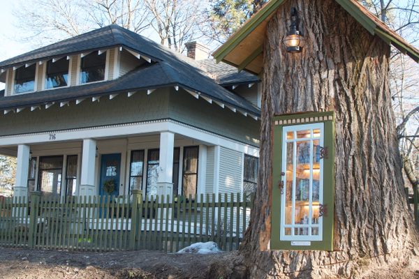 The Little Free Library next to its house.