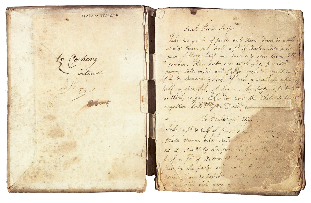 Martha Lloyd's recipe for "pease" soup and for "light wigs," a type of bun. In a letter, Jane Austen described sitting down to a dinner of "some pease-soup, a sparerib, and a pudding."