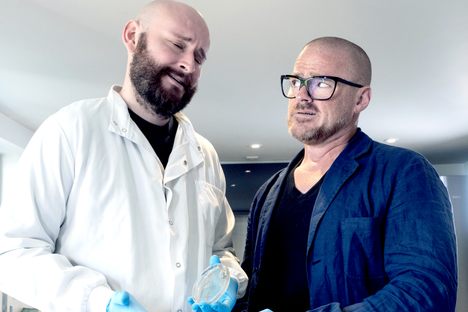 Heston Blumenthal (right), trying to brie calm, with Thomas Meany, maker of cheeses from humans. 