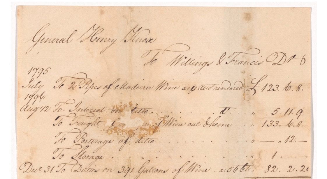 A receipt for American military officer Henry Knox's purchase of Madeira wine, including duties paid.