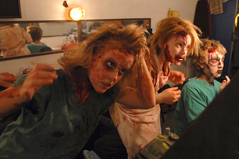 Costumed performers at Bloodview Haunted House in Ohio prepare to frighten guests. We visited haunted houses this year to examine the science of fear and sexism in the haunted attraction industry. 